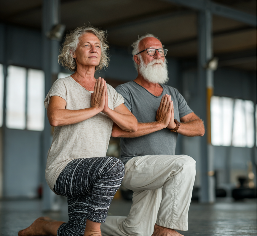 Група възрастни хора в йога студио